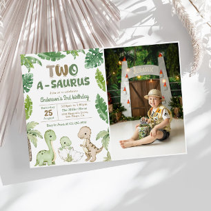 Dinosaur Two-A-Saurus 2nd Birthday Party Photo Invitation