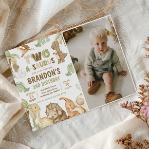Dinosaur Two-A-Saurus 2nd Birthday Party Photo Invitation