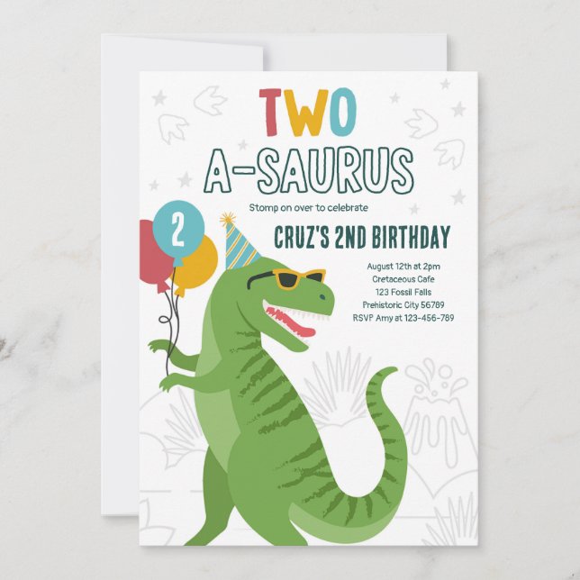 Dinosaur Two A-Saurus 2nd Birthday Party T-Rex  Invitation (Front)