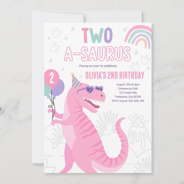 Dinosaur Two A-Saurus 2nd Birthday Party T-Rex  Invitation (Front)