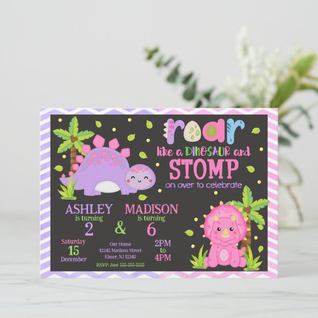 Dinosaur Two Girls Siblings Joint Birthday  Invitation (Standing Front)