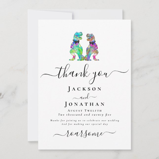 Dinosaur Two Grooms Gay Wedding Thank You (Front)