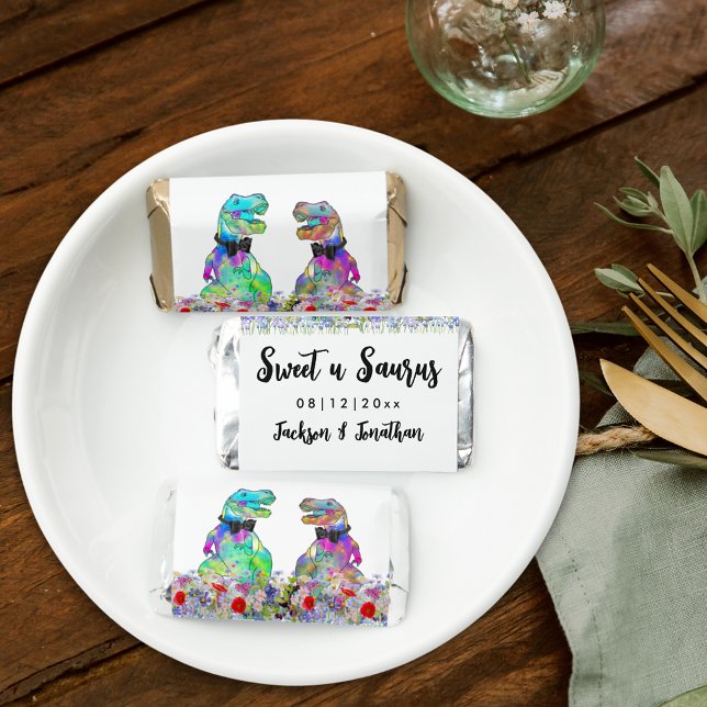 Dinosaur Two Grooms Sweet u Saurus Gay Wedding Hershey's Miniatures (Colorful Dinosaur gay wedding custom chocolate favor Watercolor wildflowers T-Rex dino 2 grooms)