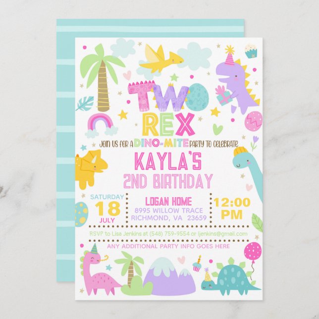 Dinosaur TWO Rex 2nd Birthday Invitation (Front/Back)