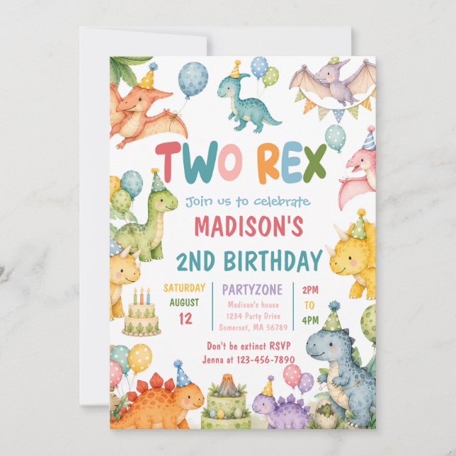 Dinosaur Two Rex 2nd Birthday Party Invitation (Front)