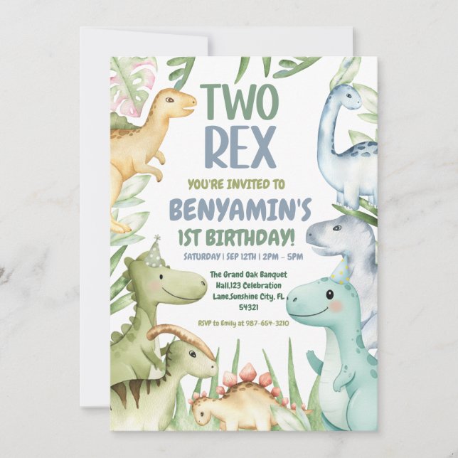 Dinosaur Two rex Boy 2st Birthday Party Invit Invitation (Front)