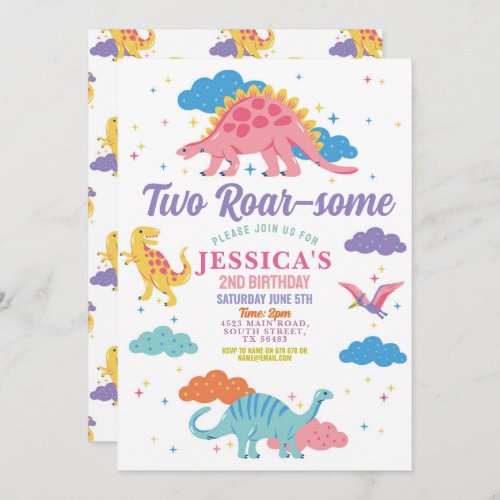 Dinosaur Two Rex Cute Girls 2nd Pink Party Invitation