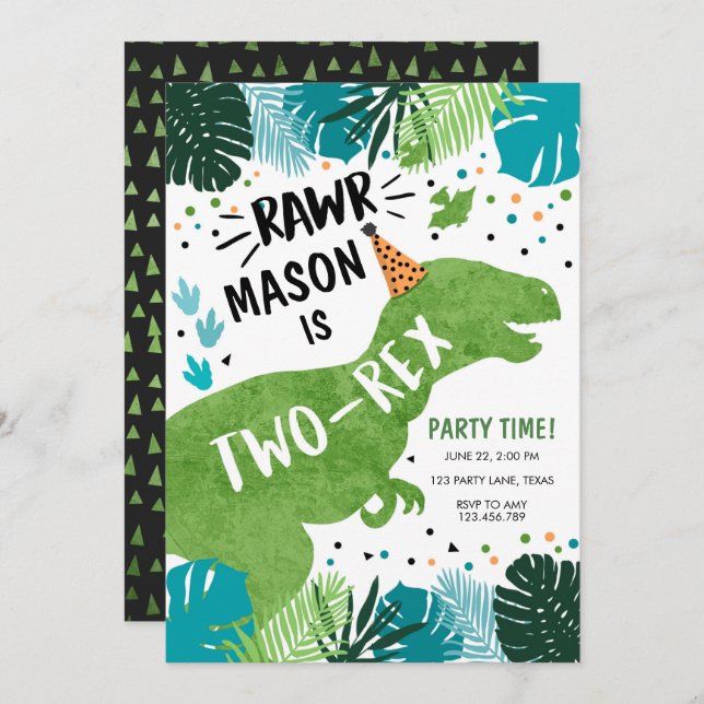 Dinosaur Two-Rex T-Rex RAWR 2nd Second Birthday In Invitation (Front/Back)