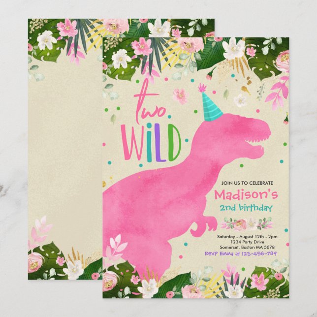 Dinosaur Two Wild Birthday Pink Dinosaur Birthday Invitation (Front/Back)