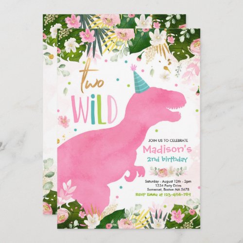 Dinosaur Two Wild Birthday Pink Dinosaur Birthday Invitation