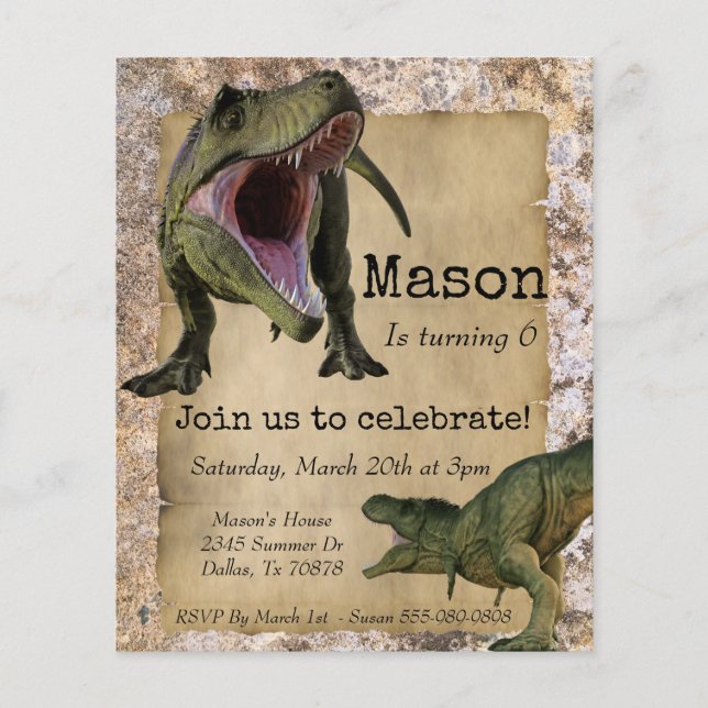 Dinosaur Tyrannosaurus T-Rex Child Birthday Invita Flyer (Front)
