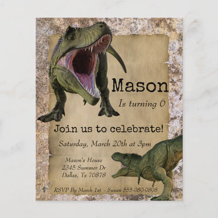 Dinosaur Tyrannosaurus T-Rex Child Birthday Invita Flyer | Zazzle