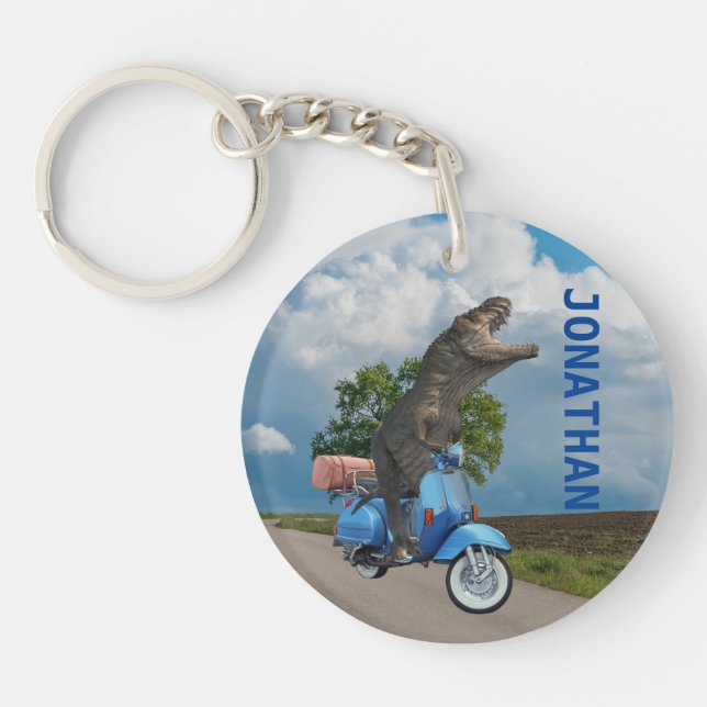 Dinosaur Tyrannosaurus T-rex On a Scooter   Keychain (Front)