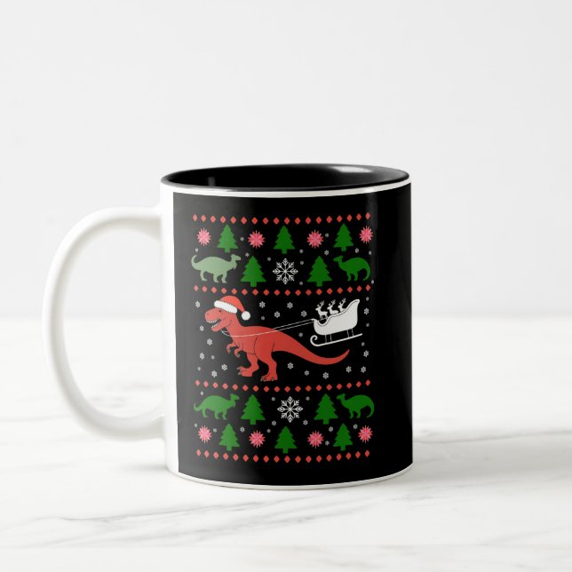 Dinosaur Ugly Christmas Sweater Dino T-rex  Two-Tone Coffee Mug (Left)