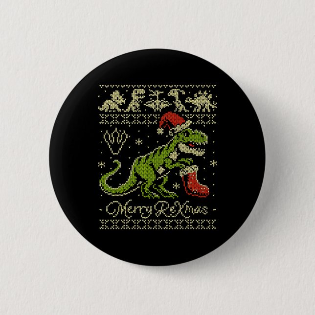 Dinosaur Ugly Christmas Sweater - Funny Christmas  Button (Front)