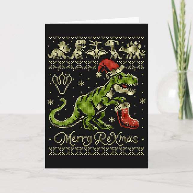 Dinosaur Ugly Christmas Sweater - Funny Christmas  Card (Front)