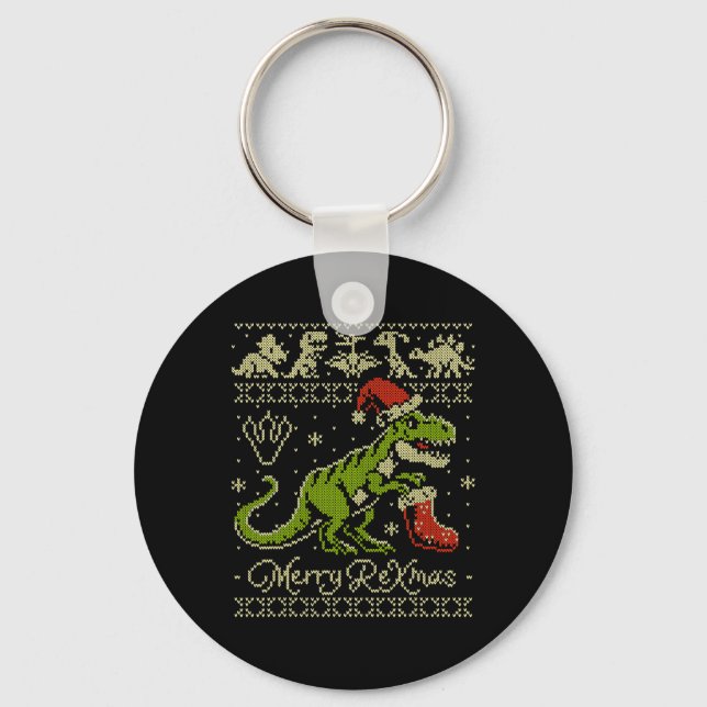 Dinosaur Ugly Christmas Sweater - Funny Christmas  Keychain (Front)