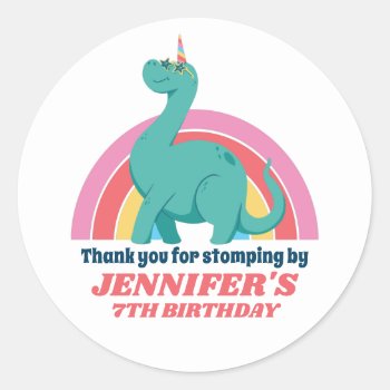 Dinosaur Unicorn And Rainbow Kids Birthday Party Classic Round Sticker by raindwops at Zazzle