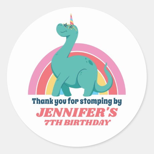 Dinosaur Unicorn and Rainbow Kids Birthday Party Classic Round Sticker