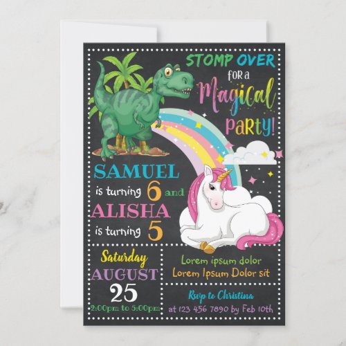 Dinosaur  Unicorn Birthday Invitation
