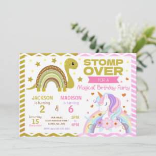 Dinosaur & Unicorn Joint Birthday Invitation
