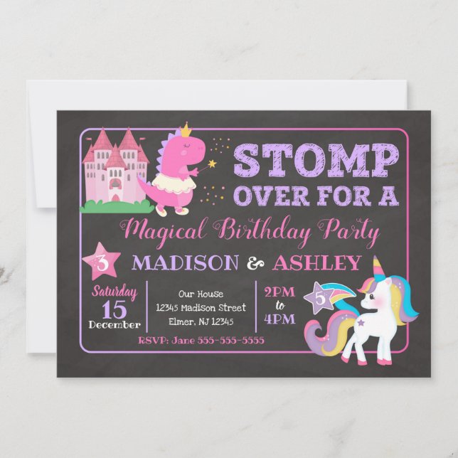 Dinosaur & Unicorn Joint Birthday Invitation Girls (Front)