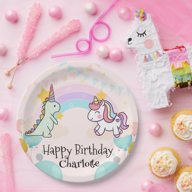 dinosaur Unicorn rainbow gradient  birthday party  Paper Plates (Party)