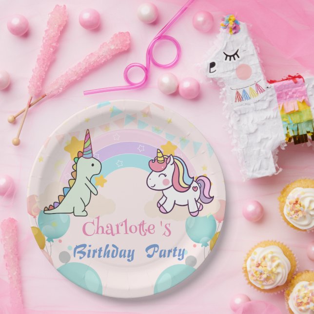 Dinosaur Unicorn rainbow gradient  birthday party  Paper Plates (Party)