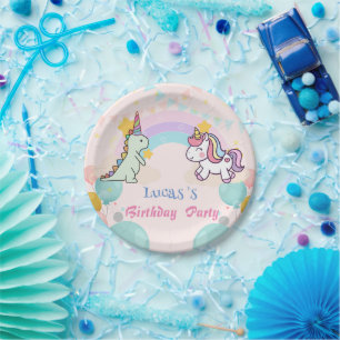 Dinosaur Unicorn rainbow gradient birthday party Paper Plates
