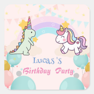 Dinosaur Unicorn rainbow gradient  birthday party  Square Sticker