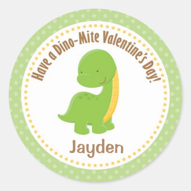 Dinosaur Valentine Stickers - Boys Green Dino-mite (Front)