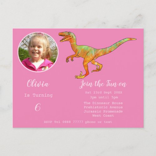 Dinosaur Velociraptor Girls Birthday Pink Photo Invitation Postcard