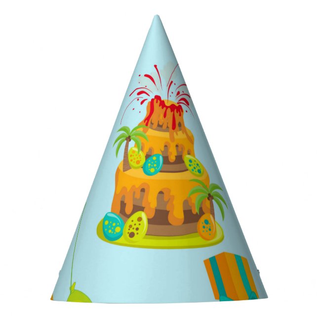 Dinosaur Volcano Birthday Cake Dino Eggs Balloons Party Hat (Front)
