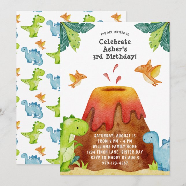 Dinosaur Volcano Birthday Party Invitation (Front/Back)