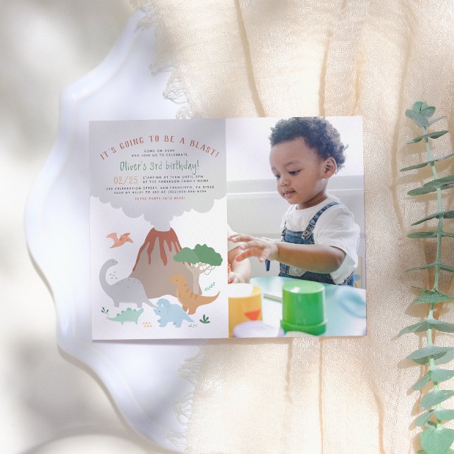 Dinosaur & Volcano Blast Boy Photo Birthday Party Postcard (Creator Uploaded)