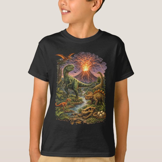 Dinosaur Volcano Eruption Kids T-Shirt (Front)