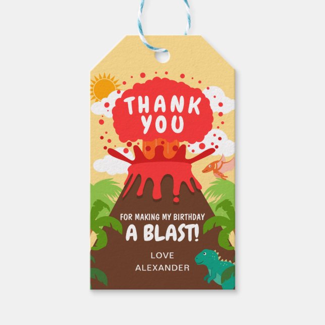 Dinosaur Volcano Kids Birthday Gift Tags (Front)