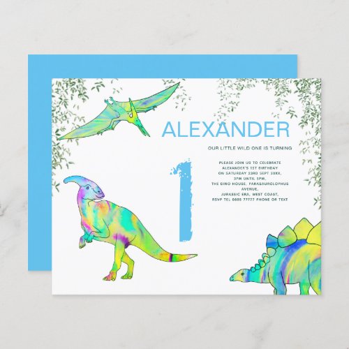 Dinosaur watercolor 1st Birthday Party budget blue
