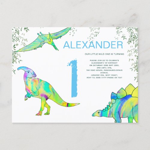 Dinosaur watercolor 1st Birthday Party Budget blue Invitation Postcard