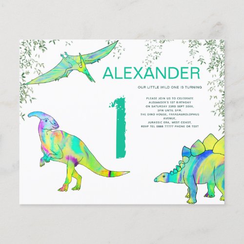 Dinosaur watercolor 1st Birthday Party budget Flyer