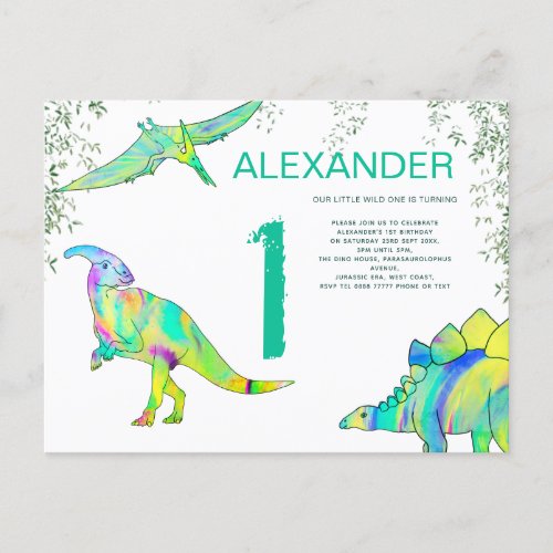Dinosaur watercolor 1st Birthday Party Budget Invitation Postcard