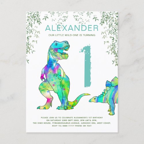 Dinosaur watercolor 1st Birthday Party budget Invitation Postcard