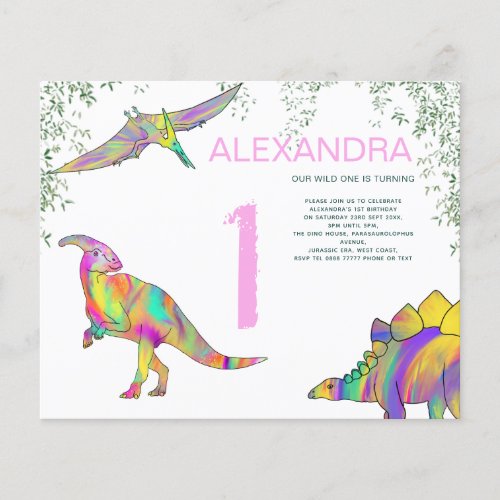 Dinosaur watercolor 1st Birthday Party budget pink Flyer