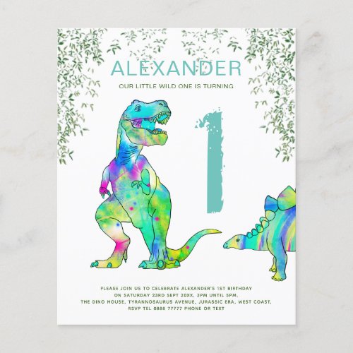 Dinosaur watercolor 1st Birthday Party Flyer