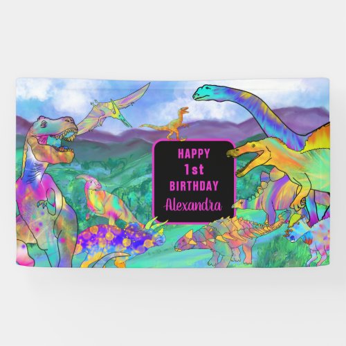 Dinosaur watercolor 1st birthday party girls banner