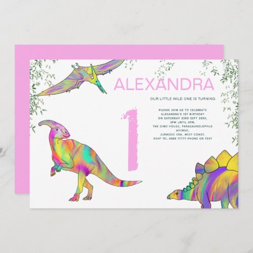 Dinosaur watercolor 1st Birthday Party girls Invitation