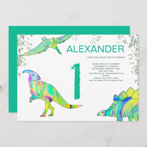 Dinosaur watercolor 1st Birthday Party Invitation