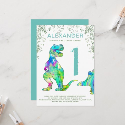 Dinosaur watercolor 1st Birthday Party Invitation