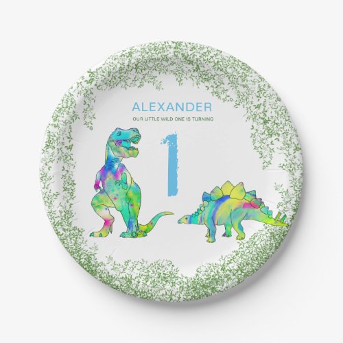 Dinosaur watercolor 1st birthday party paper plates