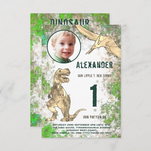 Dinosaur Watercolor 1st Birthday Party Photo Invitation